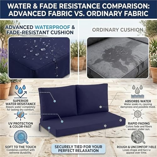 DLLDLGG Outdoor Loveseat Cushions, Waterproof Couch Deep Seat Cushion Replacement Backyard Furniture Pads with Zipper & Non-Slip Straps for Bench Swing Patio