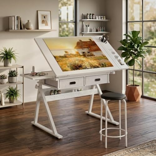 WZONICE98 Adjustable Drafting Table with Stool & 2 Drawers, Height Adjustable Tilting Art Desk, White Drawing Desk with Storage for Home Office, School, Painting, All White