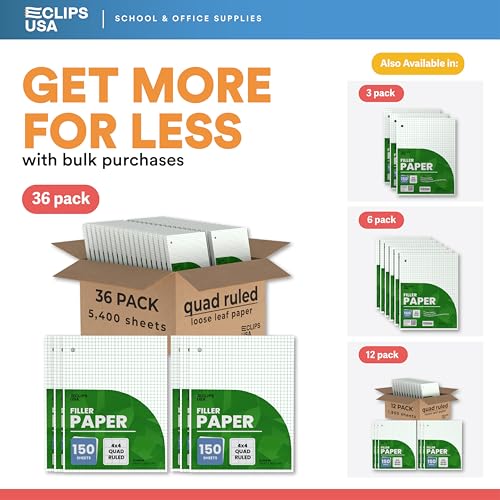 Graph Paper Loose Leaf Paper Quad Ruled Notebook Paper Quad Ruled 4” x 4” Square Lined Writing Filler Paper 10.5” x 8” 5400 Sheets 150 Sheets Per Pack 60 gsm (36 Pack)