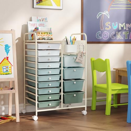 LDAILY Rolling Storage Cart with Drawers & Pegboard, for Classroom, Green