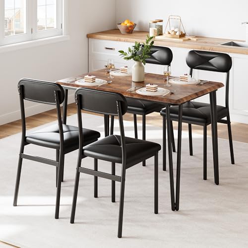 Festisoul Vintage Office Desk and Chair Set – Square Table with 4 PU Leather Upholstered Seats, Compact and Space-Saving for Small Offices or Dining, Ideal for Breakrooms, Brown (Vintage Color)