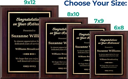 Customized Retirement Plaque Award – Laser Engraved Personalized Gift – Choose Your Size – Customize Now! (6x8)