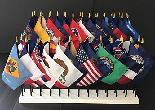 Made in the USA - 52 US State Flag Set With Two Custom White Bases-52 Rayon 4"x6" Flags, One For Each State + Washington DC and USA, 4x6 Miniature Desk Table Small Mini Stick Flags