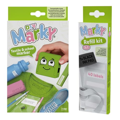 MARKY Stamp Set Green, with Black Ink for Labelling Various Items and Clothing, incl. 3in1 Refill Set with Ink pad, 40 Labels and 1 m thermotape