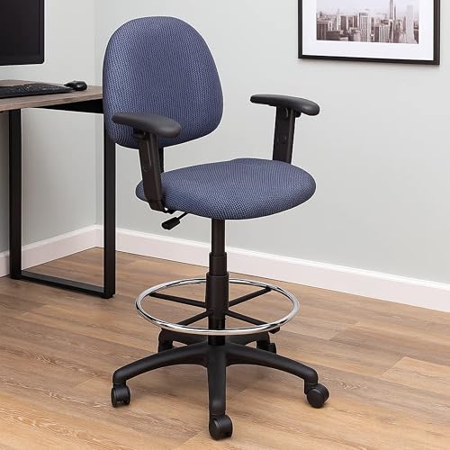 Benzara Jea Drafting Stool Chair, Adjustable Arms, Blue Tweed, Round Footring
