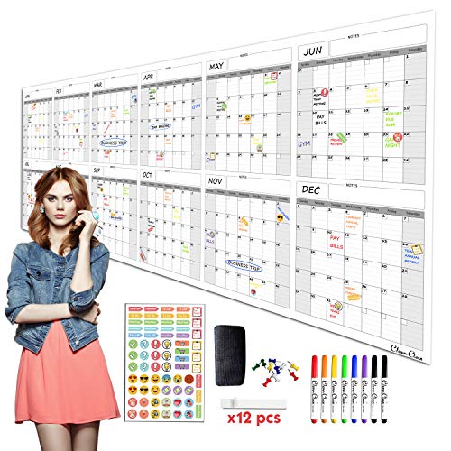 CLEVER CLEAN Large Dry Erase Wall Calendar - 36"x96" 12-month 2026 Undated Yearly Calendar for Home, Office, School Projects - Jumbo Reusable Laminated Task Organizer