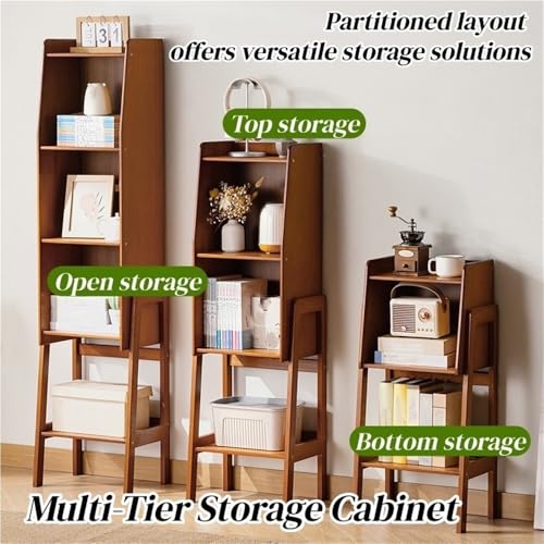Modern Bedside Organizer Side Table, Bookshelf with Open Space, Bamboo Bookcase Cabinet, Thin End Table with Storage Shelf for Bedroom, Living Room(Natural,14.6" Lx10.6 Wx57.5 H)