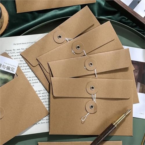 Durable 200pcs with String Tie Closure Clasp Kraft Paper Envelopes Retro Invitation Card Vintage Brown European Style