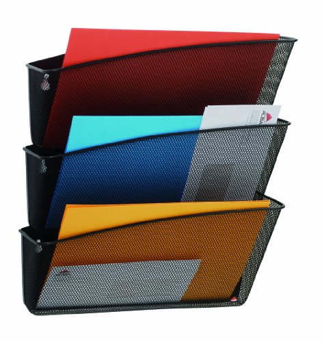 Alba Mesh 3 Pocket Wall File Organizer, Steel Hanging Document Holder for A4 Landscape Forms, Folders, Office Paperwork, Classrooms Shared Work Areas, 16 x 14 x 5-Inches, Black