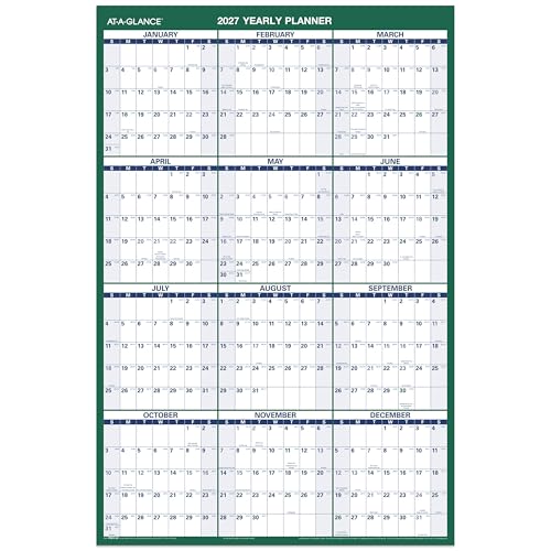 AT-A-GLANCE 2027 Erasable Calendar, Dry Erase Wall Planner, 24" x 36", Vertical, Reversible (PM2102827)