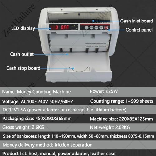 ZenHailure Banknote Counter Counterfeit Detector,Automatic Counterfeit Money Detector Machine,Money Cash Currency Machine,Counts 999 Banknotes per Minute,Counterfeit Detection