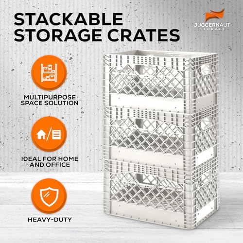 Juggernaut 3 Pack Storage Milk Crates, Plastic Stackable Containers, 24 Qt - Large Bins for Organizing Homes, Offices, Garages, White
