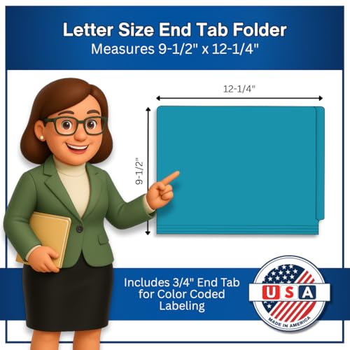 Teal File Folders, Doctor Stuff, Letter Size Reinforced End Tab Folder with 2" Bonded Fastener on Inside Back, 14 pt Stock, Carton of 250