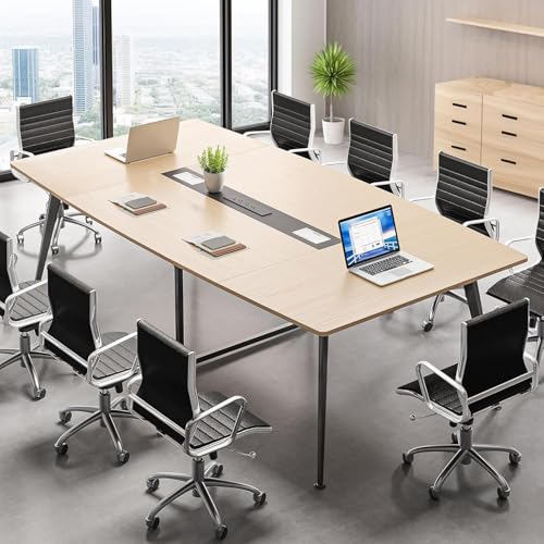 YITAHOME 90" Boat Shaped Conference Table with Power Outlets, Light Wood