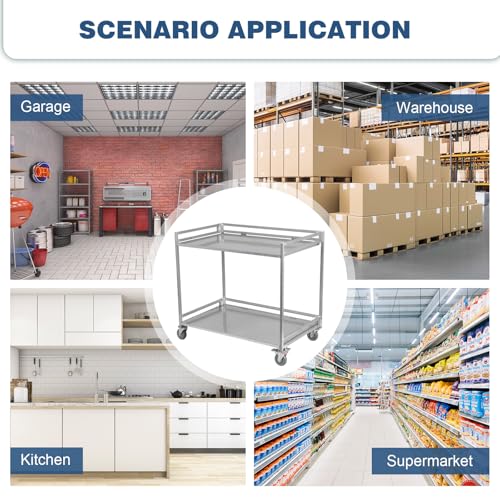 2-Shelf Utility/Service Cart Metal Rolling Storage Cart with Wheels 660lbs Capacity with Handle for Warehouse/Garage/Cleaning/Manufacturing