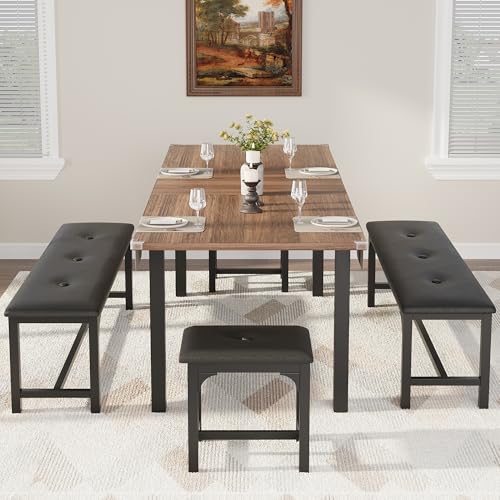 TrailBlaze Space-Saving Extendable Office Desk Set – 5-Piece Modern 63" Table, Upholstered Benches & Stools, Waterproof Mark-Resistant MDF, Metal Frame – Walnut Plate & Black Iron Frame