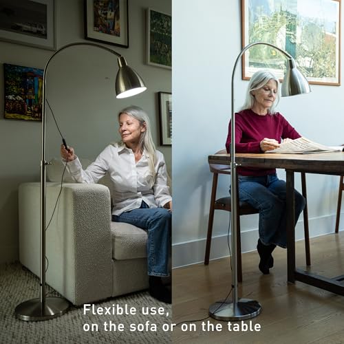 Daylight FlexiVision 2™ LED Floor Lamp – 3,500 Lux at 12", 5 Brightness Levels, 3 Color Temperatures, 95+ CRI, Adjustable Arm & Swivel Head, Anti-Tip Base, Low Vision Aid – Brushed Steel