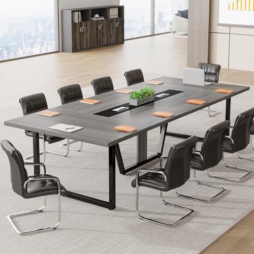 Tribesigns 8FT Conference Table, 94.49 L x 47.24 W x 29.53 H Inches Large Meeting Podcast Table for 10 People, Business Style Wooden Training Table with Strong Metal Frame for Office Conference