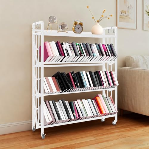 Sizcdiomk 4 Tier Book Carts with Wheels, Library Rolling Bookshelf Mobile Book Storage Rack Large Capacity Rolling Book Cart for Home Office Living Room Classroom (White)