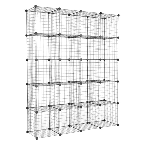 Kaireey 20-Cube Modular Wire Grid Storage Organizer, DIY Metal Cube Shelving Unit with Plastic Connectors, Origami Bookcase for Closet, Bedroom, Living Room & Office, Black