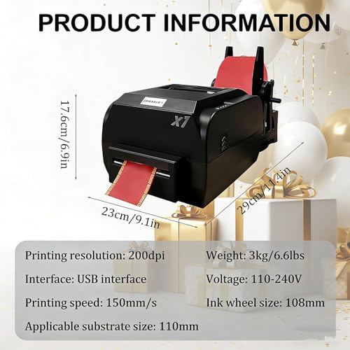Satin Ribbon Printer with Spool Holder, Label Printer, Foil Stamping Printing Machine, 150mm/s Speed, Multi-Language DIY Decorative Ribbons Supports 50+ Languages for Present Wrapping Singlerow