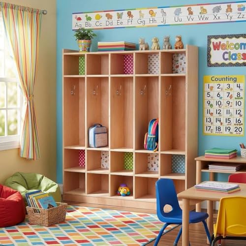 Naiveferry Wooden Plywood Coat Locker with 5 Large and 15 Small Cubbies, Kids Storage Cabinet for Classroom Daycare Preschool, Lockers with Coat Hooks for Mudroom Entryway Home, Natural