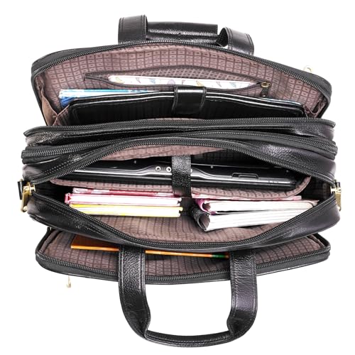 Da leather villa Full Grain Leather Briefcase for Men Top Choice Gifts Laptop Bag Multiple 16'' Compartments Brass Hardware (Black)