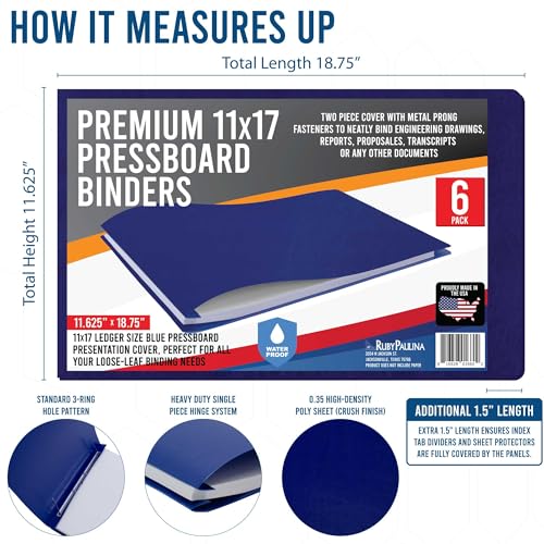 11x17 Report Cover Pressboard Binder Poly Panels Includes Fold-Over Metal Fasteners Blue Package of 6