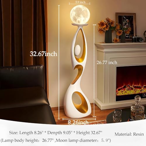 EOQIFJM Modern Nordic Abstract Art Moon Floor Lamp, Standing Sculpture Light, Figurine Light 3-Color Touch Cordless Rechargeable 3D Printed for Living Room Bedroom Tall Corner Lamp(White)
