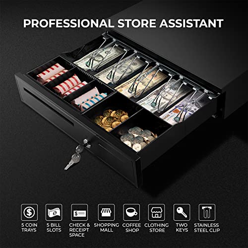 MUNBYN Black Cash Register Drawer 16" Black 5 Bill 5 Coin RJ11 RJ12