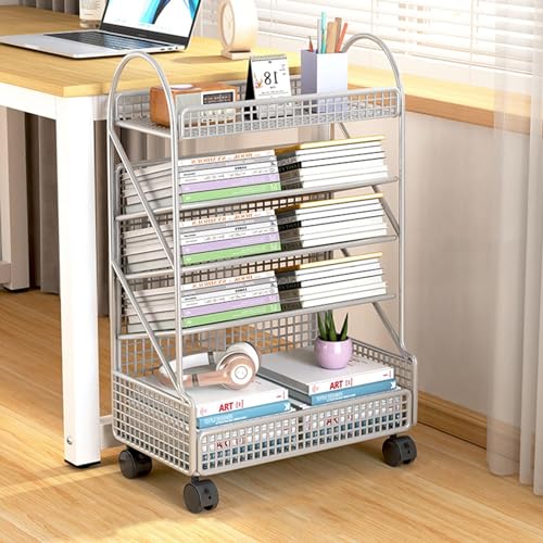 Preferspace Book cartMovable Bookshelf 5 Tier Rolling Utility cart Rolling Book cart with Slanted Shelves for Offices, Classrooms, Libraries, Study Rooms,A