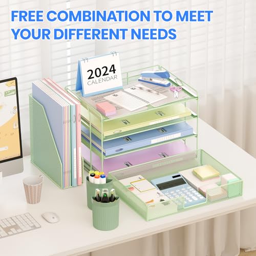 OPNICE Desk Organizer, 4-Tier Desktop File Organizer with Drawer and Pen Holders, Office Desk Accessories, File Sorters, Workspace Organizers for Office Supplies(Green)