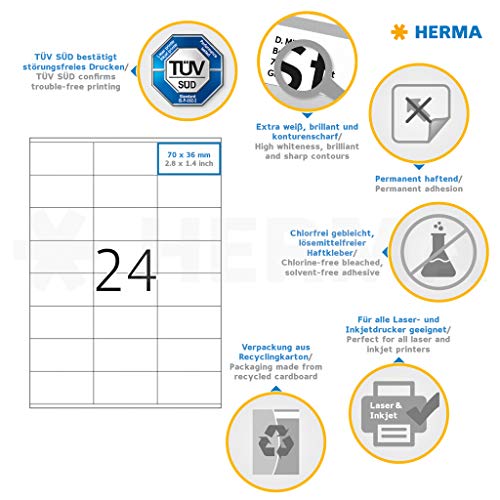 HERMA Self Adhesive Address Mailing Labels, 24 Labels Per A4 Sheet, 12000 Labels for Laser and Inkjet Printers, 70 x 36 mm (4414)