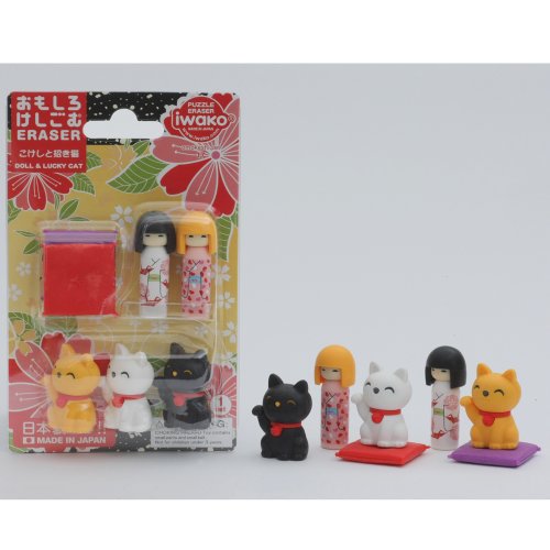 Iwako SCERBRI020 Eraser Kokeshi and Maneki Cat Set, 10 Pieces