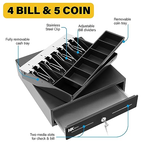 HK SYSTEMS 13inch Heavy Duty Manual Push-Open Cash Drawer with 4Bill/5Coin, Removable Till, Two Medial Slots, Black
