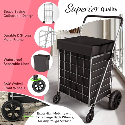 Our Modern Space Shopping Cart w/Waterproof Basket Liner & 360° Swivel Wheels | Foldable Collapsible & Lightweight | Perfect for Groceries Laundry Utility Cart - Silver