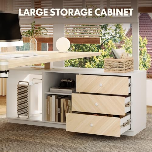 FLEXISPOT 63" L Shaped Standing Desk with Drawers, White Wood Grain