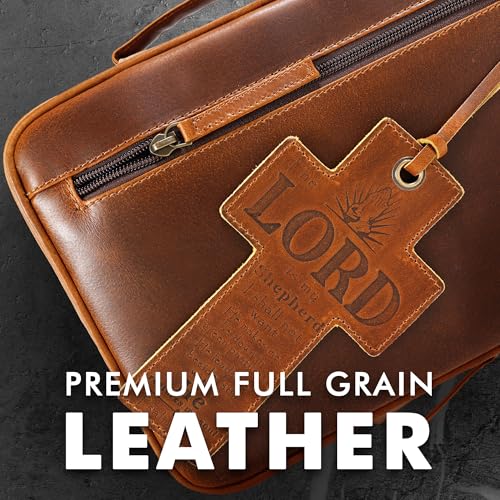 ELIZO Full Grain Leather Bible Cover for Women, Floral Large Bible Cases for Woman, Genuine Leather Sleeve Pouch Organizer Protector Carrying Bag with Zipper Christian Gifts for Women Bookmark, Cognac