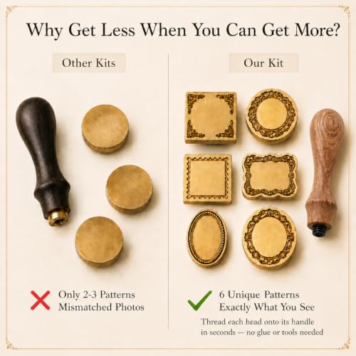 Antique Frame Wax Seal Stamp Kit, 6 Brass Heads, Removable Rosewood Handle