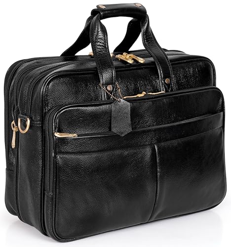 Da leather villa Full Grain Leather Briefcase for Men Top Choice Gifts Laptop Bag Multiple 16'' Compartments Brass Hardware (Black)