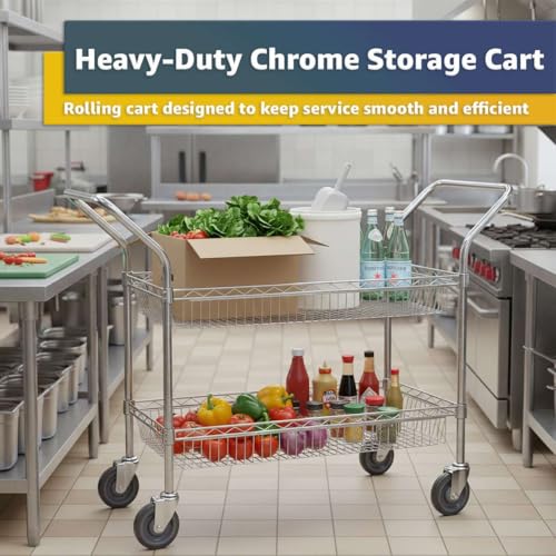 18" x 46" Commercial Chrome Utility Cart with 2 Basket Shelves - Heavy-Duty NSF Wire Storage Rolling Cart with Handles, Mobile Serving Cart for Restaurant, Hotel, Warehouse, Office, Kitchen