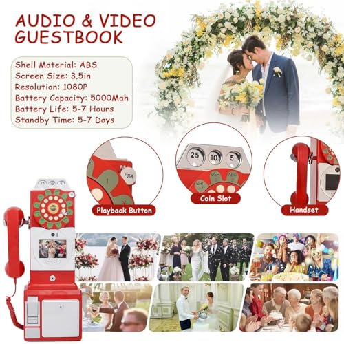 Audio Wedding Message Book, Audio Guest Book Wedding Phone Guestbook, 1080P HD Wedding Video Book, for Wedding, Party, Birthday, Anniversaries Graduation Red-32GB