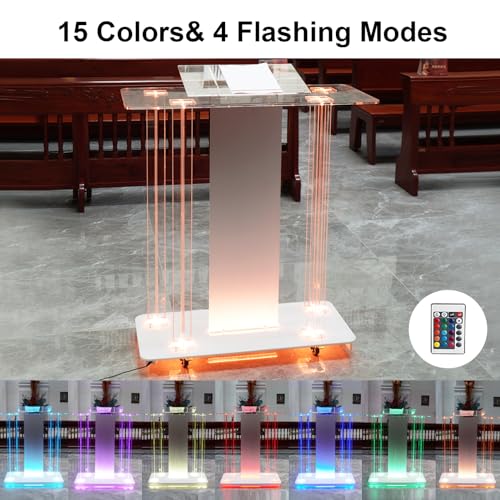 Vakiorn Church Pulpit with Led Lights, 46” Acrylic Pulpits for Churches, Transparent Podium Stand with Wheels& Spacious Reading Platform, Clear Lectern for Speech (39.4”L*15.7”W *44”H)