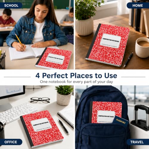 ZUBBLLE Composition Notebooks, Wide Ruled, Red Marble, 48-Pack