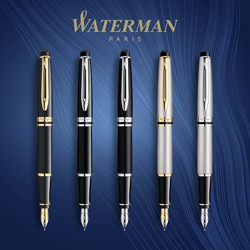 Waterman Expert Fountain Pen, Matte Black with Chrome Trim, Medium Nib with Blue Ink Cartridge, Gift Box