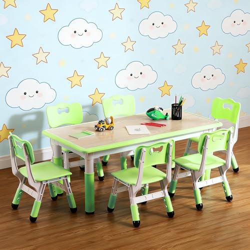 GlowSol Kids Table and 6 Chair Set - Height Adjustable Multifunctional Desk, Ergonomic Chairs, Max 300lbs, Suitable for Ages 2-10, Home, Classroom, Daycares