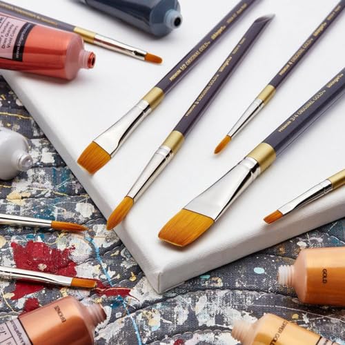 KINGART 1000D 12 PC. Premium Original Gold Series, Golden Taklon, Multimedia Artist Brush Set, Short Acrylic Aqua Handle, Set of 12 - Assorted Styles