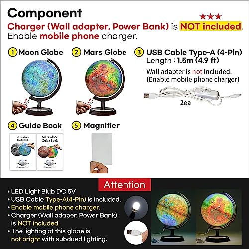 Mapsoft Guide Illuminated Topography Moon/Mars 2 Globe Set, 24cm/9.5", 2MRTI-24