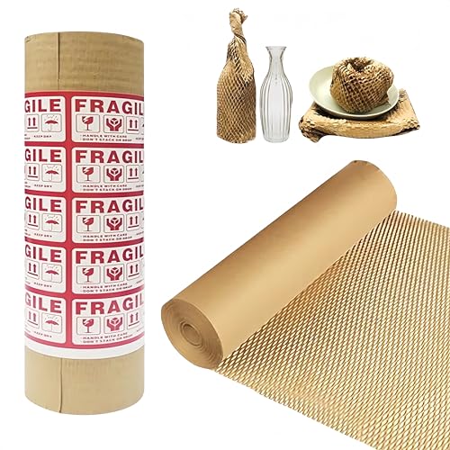 Dish Packing Kit Moving Supplies 15" x660' Honeycomb Wrapping Paper, Large Recyclable Expandable Bubble Cushion Wrap Roll Packing Material for Fragile Items Breakables Plate Glassware Bottle, 80GSM