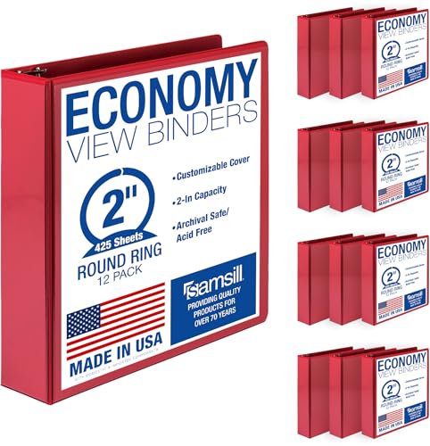 Samsill 2 Inch 3 Ring Binders, Economy Round Ring, Clear View Cover, 425 Sheet Capacity - for School, Home, Office - Red, 12 Pack